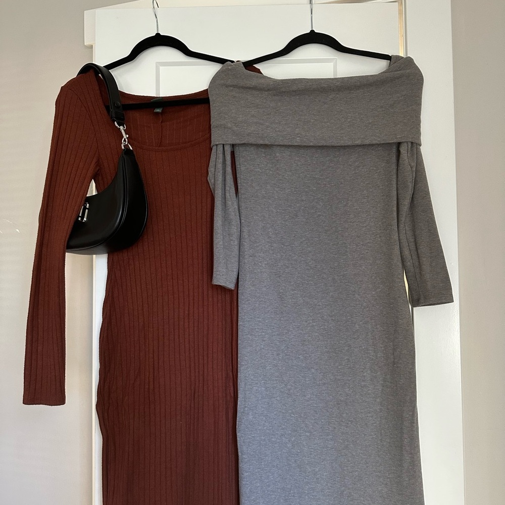 Elegant Gray and Brown Off-Shoulder Dresses fall dresses🤎